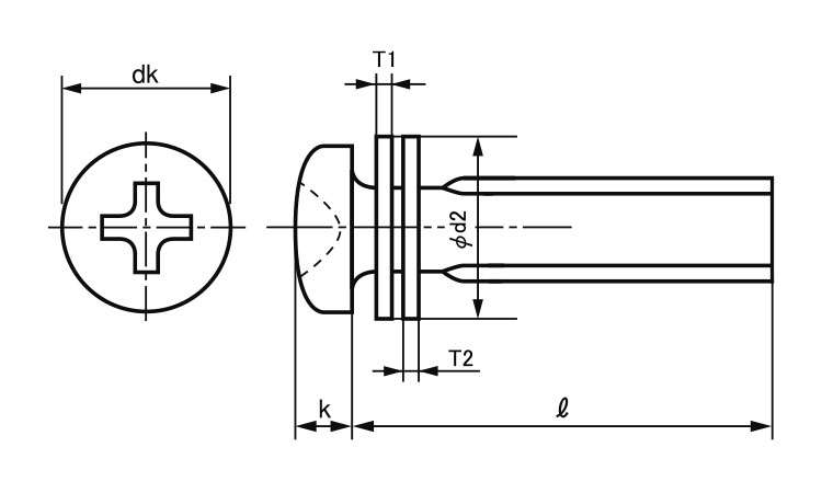 ナベ小ねじP＝1N(丸W＋ナイロンW組)図面