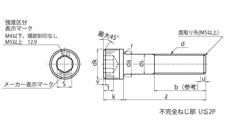 六角穴付ボルト(半ねじ)(互省)図面