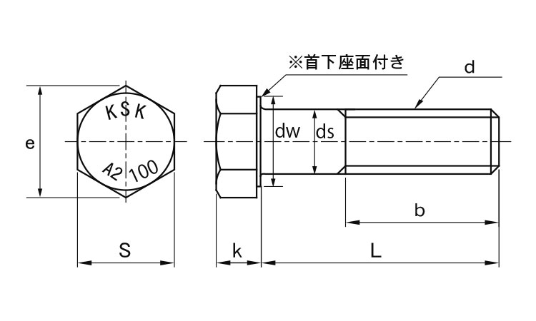 A2－100　六角ボルト(半ねじ)図面
