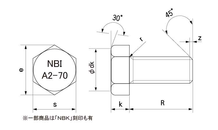 A2－70六角ボルト(全ねじ)日本鋲螺図面