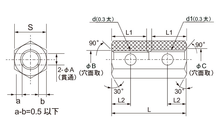 横穴付き異径高ナット(Ｍ－Ｗ)図面